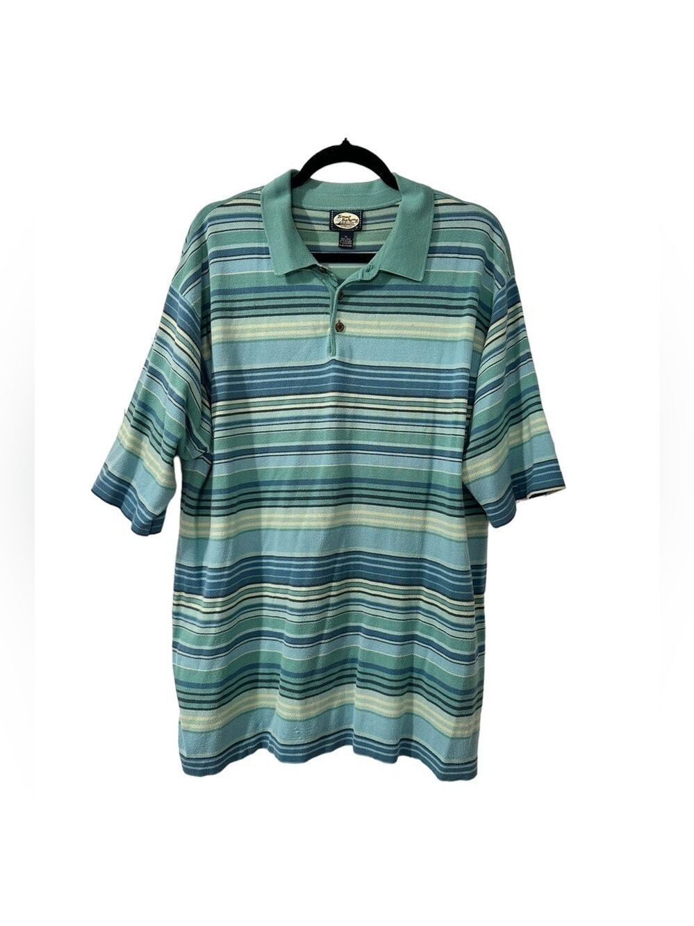 Tommy Bahama Silk Blend Polo Shirt Mens XL Blue Green Short Sleeve Striped